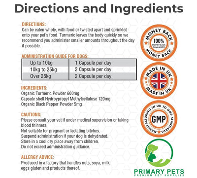 Organic Turmeric for Dogs | 120 Powder Capsules.